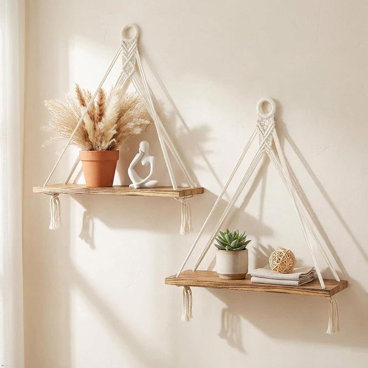 Mkono Macrame Hanging Shelves Boho Wall Decor Set of 2 Floating Wood Shelf