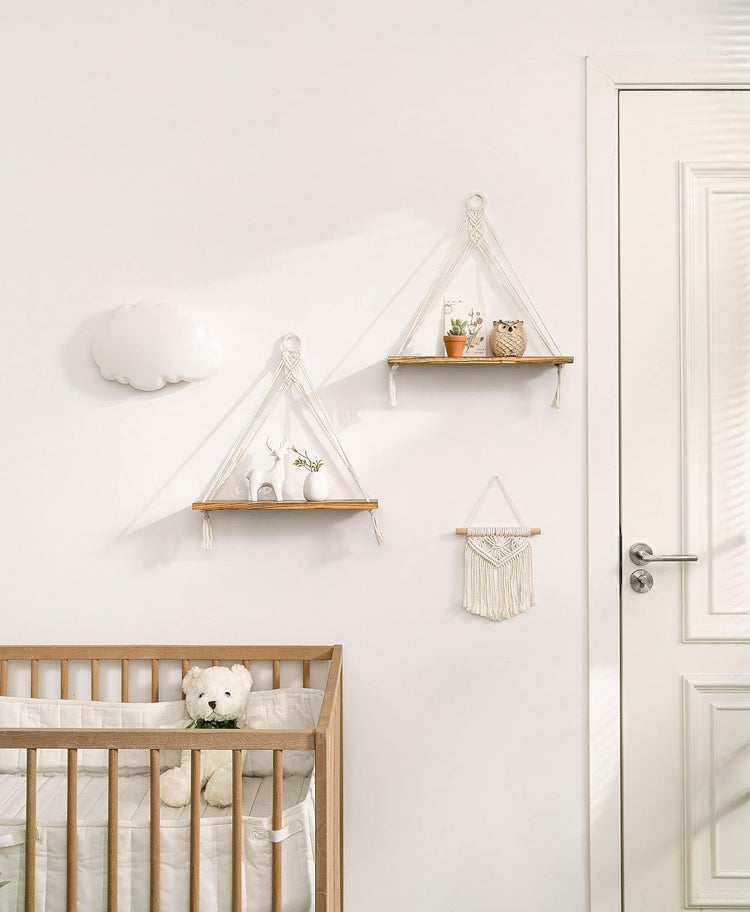 Mkono Macrame Hanging Shelves Boho Wall Decor Set of 2 Floating Wood Shelf