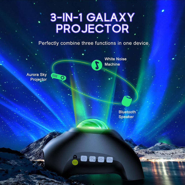 Northern Galaxy Light Aurora Projector with 33 Light Effects, Night Lights LED Star Projector for Bedroom Nebula Lamp, Remote Control, White Noises, Bluetooth Speaker for Parties Black